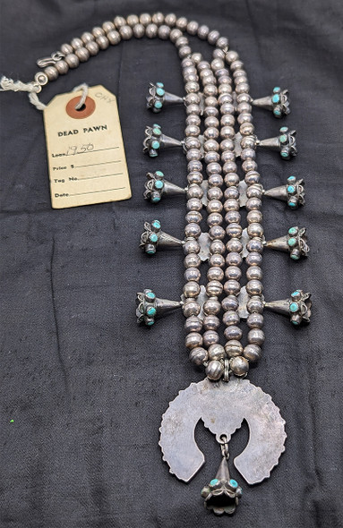 Wonderful ca 1970 Zuni Silver & Sleeping Beauty Turquoise Squash Blossom in Bernard Bowekaty Style