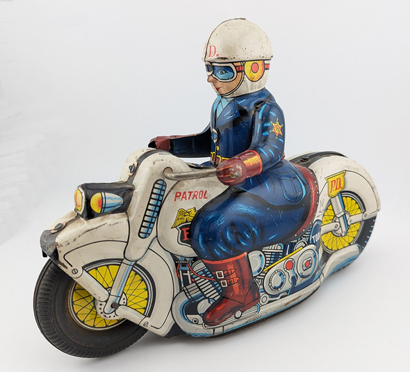 Late 1950s-Early 1960s Tin Litho Police Patrol Motorcycle Toy by Usagiya