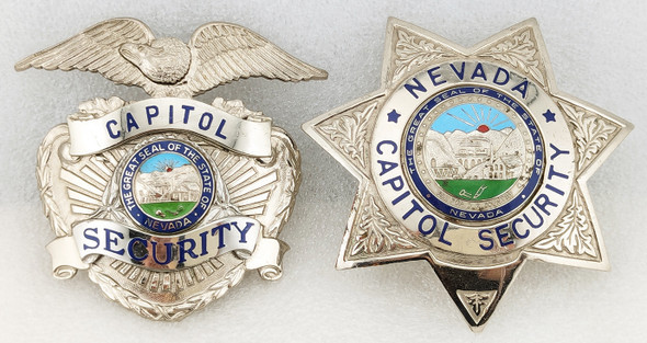 Ext Rare ca 1970 Nevada Capital Security Coat & Hat Badge SET by Entenmann Rovin in PLATILOY