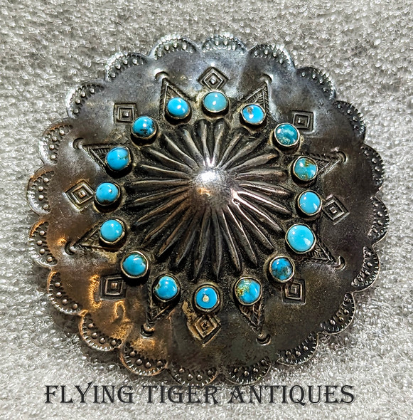 Fantastic 1930s Fread Harvey Style Zuni Silver & Turquoise Snake Eyes Concho Brooch