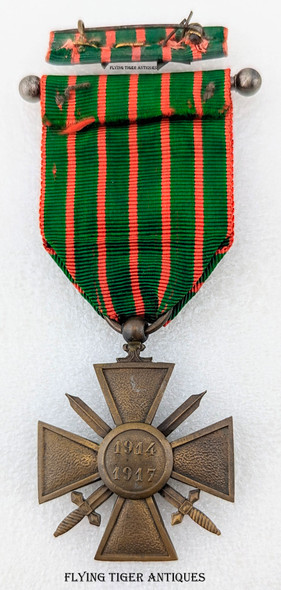Nice 1914-1917 French Croix de Guerre Medal with 2 Stars, Barbell, & Matching Ribbon Bar