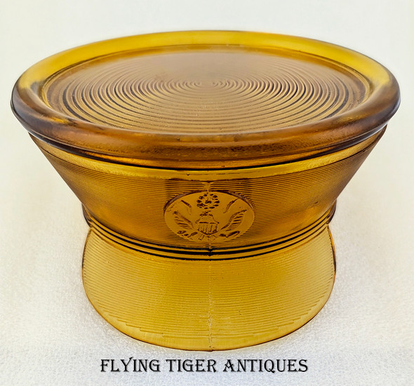 Cool WWII US Army E.M. Visor Hat Covered Amber Glass Candy Dish
