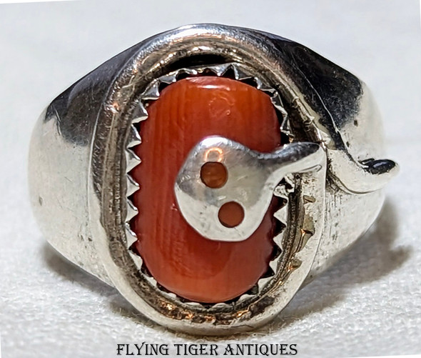 Unusual 1970s Effie Calavaza Zuni Silver Ring With one Coral Cabochon & one Snake 7.25