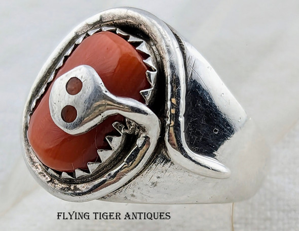 Unusual 1970s Effie Calavaza Zuni Silver Ring With one Coral Cabochon & one Snake 7.25