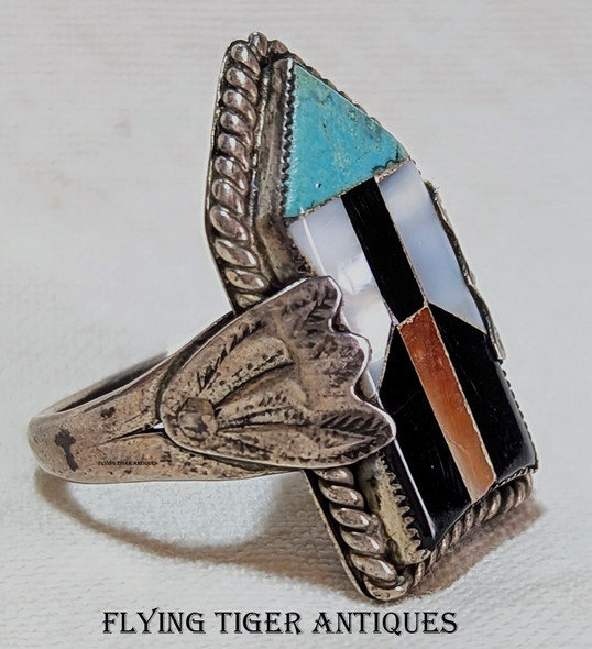 First Generation 1930s Zuni Inlay Work Arrow Design Ring in Silver Turquoise Jet MOP & Spiny Oyster
