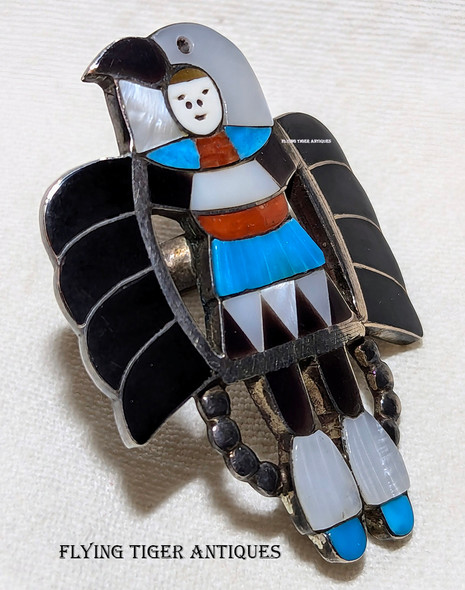 Beautiful Zuni Silver Turquoise Coral MOP Jett Heishi Inlay Egle Dancer Ring by Madeline Beyuka.