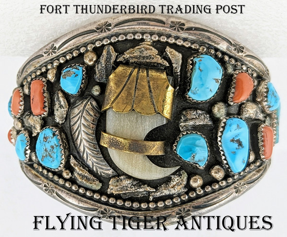 1970s Navajo Artist Tommy Moore Silver Coral Sleeping Beauty Turquoise Faux Horn "Claw" Bracelet