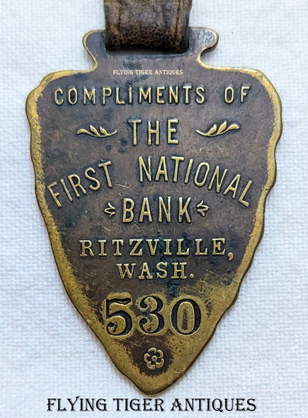 Wonderful ca 1900 Ritzville WA First National Bank Adv Watch Fob with Native American