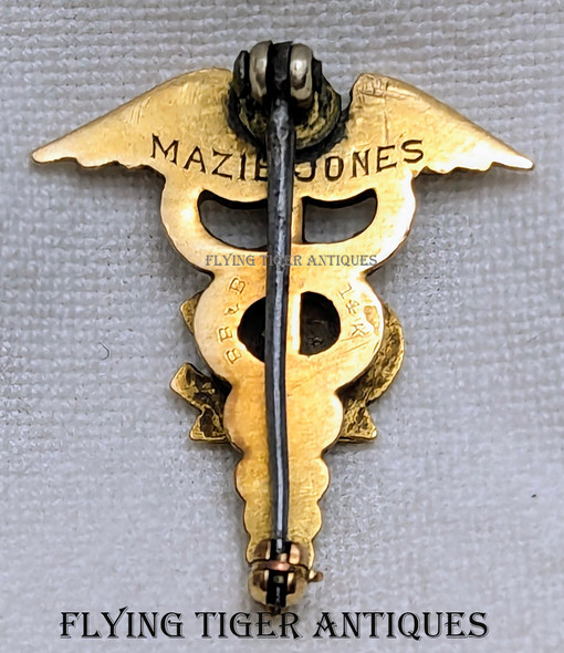 Fantastic 14K Gold WWI Army Nurse Corps Graduation Pin of Mazie Jones by BB&B