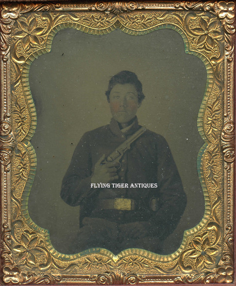 Early US Civil War 1/6 Plate Tintype of Union Soldier with Colt Dragoon Pistol in Gutta Percha Case