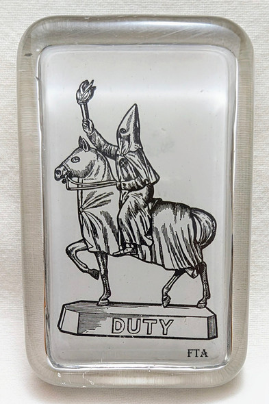 Ext Rare ca 1910's Ku Klux Klan Pyro Glass Paperweight with Torch Bearing Hooded Rider "DUTY"