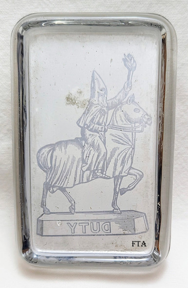 Ext Rare ca 1910's Ku Klux Klan Pyro Glass Paperweight with Torch Bearing Hooded Rider "DUTY"