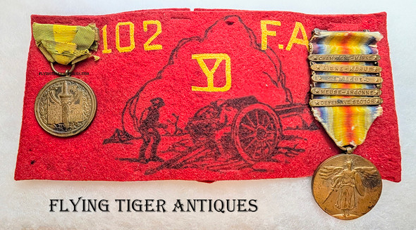 WWI 102nd F. Arty 26th Inf Yankee Div Veteran Armband w Victory & #'d Mex Border Medal of W. J. S.
