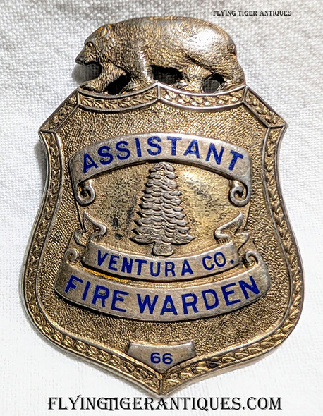 Ca 1943 Ventura Co CA Assistant Fire Warden Badge in Sterling Silver