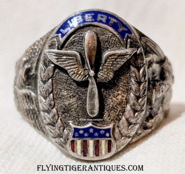Gorgeous Early WWII Enameled Sterling USAC/USAAF LIBERTY Ring with 2 Diamond Soldier