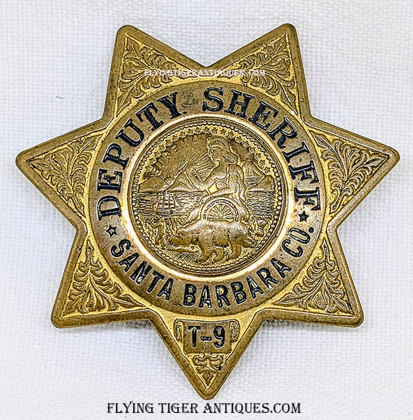 Rare Early 1950s Santa Barbara Co CA Temporary Deputy Sheriff Shirt Badge # T-9 by LAS&SCO