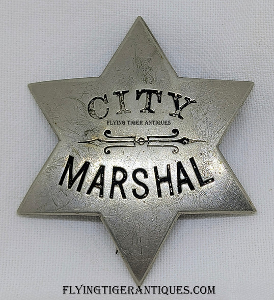 Great Old West 1890s City Marshal 6-Point Star Badge with Original Wearers Initial on Back HWH