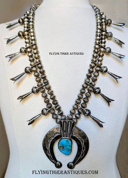 Great Large Heavy Circa Early 1960’s Navajo Silver & Tyrone Turquoise Old Pawn Squash Blossom Necklace
