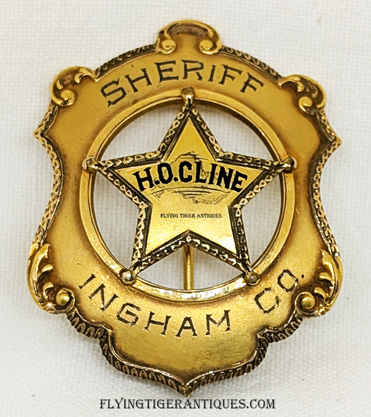 Gorgeous circa 1907 Ingham County Michigan Sheriff Badge of Harvey O. Cline who served from 1907 - 1915