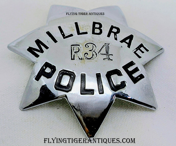Nice 1950’s – 1960’s Millbrae California Police Reserve Badge # R 34 by Irvine & Jachens