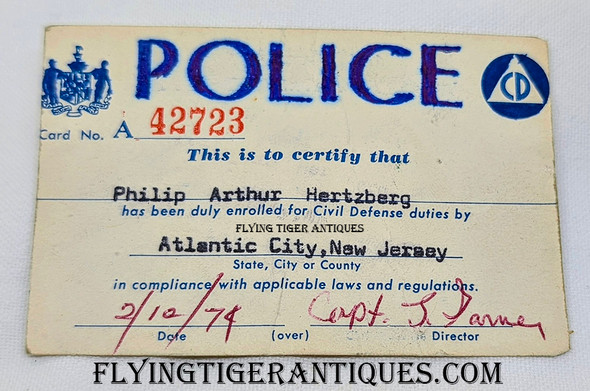 Unusual 1970’s Atlantic City New Jersey Civil Defense Police ID Card