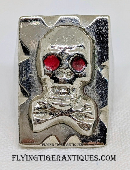 Iconic 1950’s Red Eyed Skull Mexican Biker Ring in Chromed Brass Size 7
