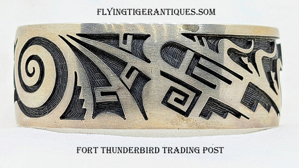 Beautiful 1970’s – 1980’s Heavy Hopi Silver Overlay Bracelet by Michael Sockyma Sr.