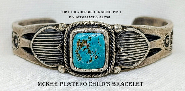 Vintage 1980’s – 1990’s Mckee Platero Child’s Bracelet with Applied Hearts, Classic Low Grade Blue Gem Turquoise