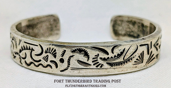 Early Work by Navajo Artist Gary S. Custer circa 1980’s Stamped Silver Bracelet