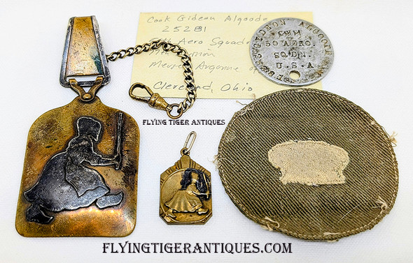 Small but Wonderful Grouping of WWI US Air Service 50th Aero squadron E. M. (COOK) Gideon Algoode Including a Dog tag, Cook Patch, Small 50th Aero Sq Reunion Pendant, And a Huge Sterling on Bronze Veteran Watch Fob circa 1919 – 1920