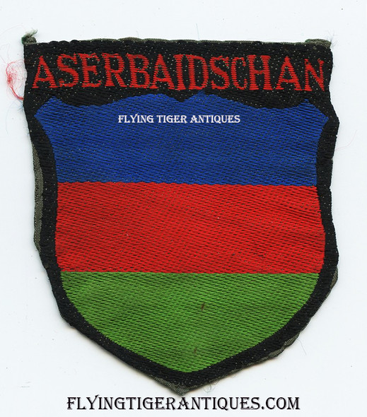 Rare WWII Nazi Wehrmacht Heer Aserbaidschan Azerbaijan Bevo Weave Volunteer Sleeve Shield Removed from Uniform and Brought Home by Colonel Holley of the OSS