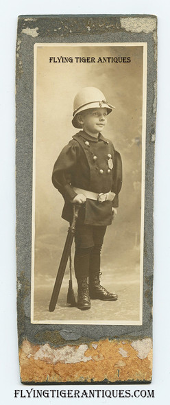 Great Circa 1901 Cabinet Photo of a Child Dressed up as a Policeman with Bobby Helmet & LARGE Billy Club