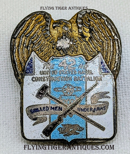 Rare World War II United States Navy 42nd CBs Seabees Construction BN Badge in Gilt Enameled Sterling. Salty!