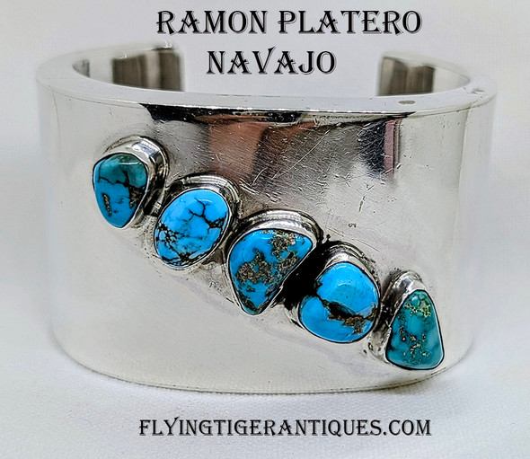 Wonderful circa Late 1950’s Navajo Silver Mid-Century Modernist Bracelet with Turquoise Mountain Turquoise by RAMON PLATERO
