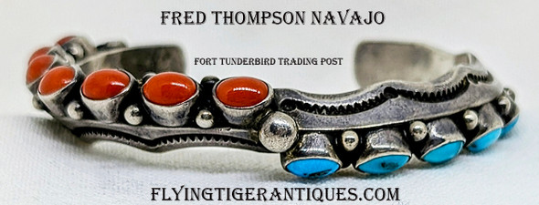Beautiful HEAVY Stamped & Filed Carinated Navajo Silver Bracelet with Villa Grone Turquoise & Mediterranean Coral by FRED Thompson