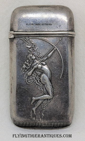 Beautiful & Rare Late 19th Century Sterling Silver Match Safe with Nude Female Archer by Watrous Co Wallington Connecticut