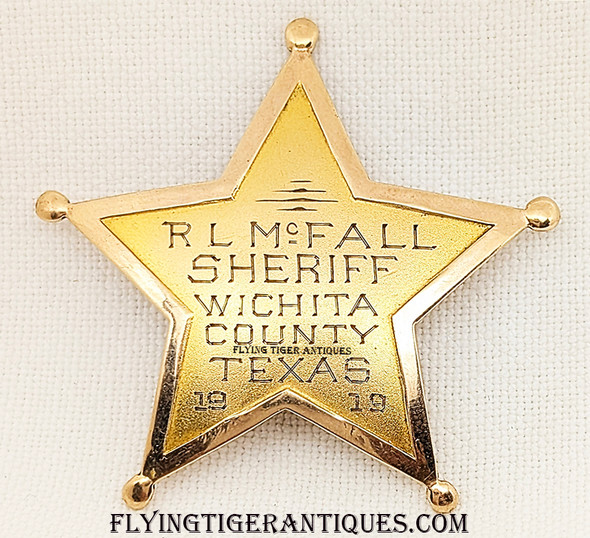 Great 1919 Wichita County Texas 14K Gold 5-point Round Tip Star Badge of Sheriff R.L. McFall