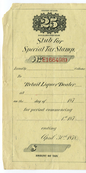 1877 Internal Revenue Service (IRS) Retail Liquor Dealer Certificate