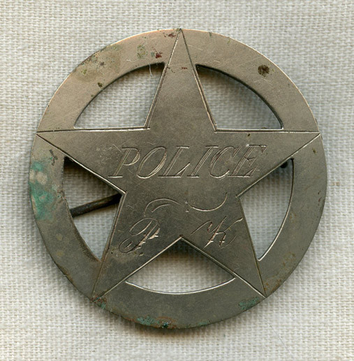 Circa 1870s-1880s Old West Handmade Police Circle Star in Nickel with Initials