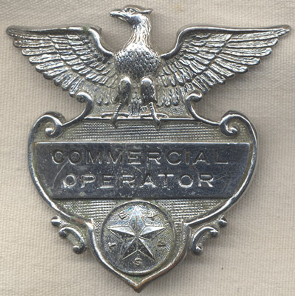 Rare 1930's State Issued Texas Commercial Operators License Drivers Hat Badge
