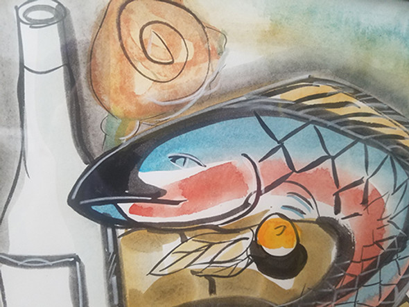 Fun Fish, Wine, and Rose Watercolor Painting by Marshall Carbee