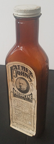 Nice 1930's Father John's Medicine Bottle with Label from Lowell, MA