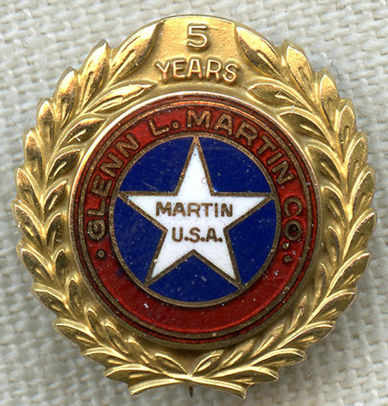 Gorgeous 1930's-40's Glenn L. Martin Co. (Aviation) 5 Year Service Pin in Enameled 10K Gold