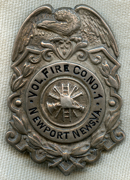 Beautiful 1910's Sterling Silver Newport News, VA Volunteer Fire Co. No. 1 Fireman Badge