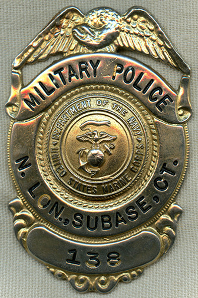 Nice 1960's US Marine Corps Military Police Badge from New London Submarine Base, CT.