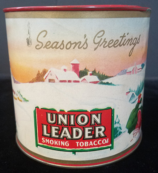 Great 1940's Union Leader Tobacco Tin with Rare Christmas Theme Paper Label in Exc Cond