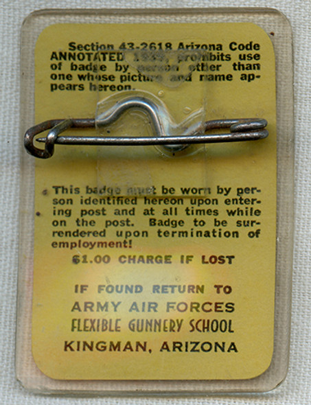 Great WWII USAAF Flexible Gunnery School Kingman, AZ Enlisted Man's Family Photo ID Badge