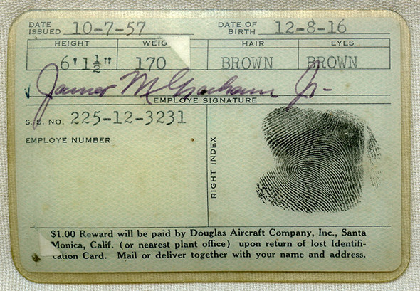 Cool Vintage 1957 Cold War Era Douglas Aircraft Co., Inc. Employee Photo ID Card