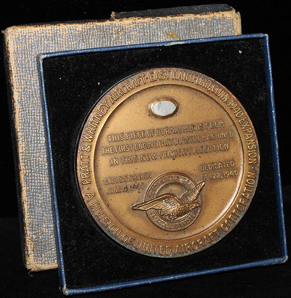 Ext. Rare 1940 Pratt & Whitney Bronze Table Medal from E. Hartford Plant Expansion