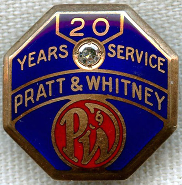 Rare Circa 1945 Pratt & Whitney 20 Years of Service Pin in 10K